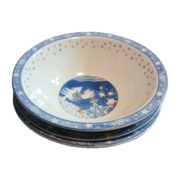 Noritake EPOCH Mr Snowman 3 Soup Cereal Bowls Vintage Stoneware Christmas Blue - Picture 1 of 8